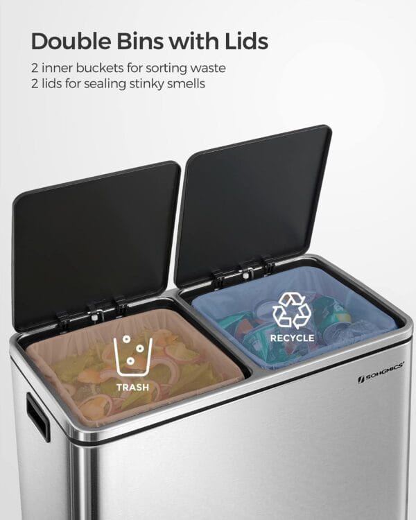 71ni+2czv2L._AC_SL1500_ SONGMICS Trash Can, 2 x 8 Gallon (2 x 30 L) Garbage Can for Kitchen with 15 Trash Bags